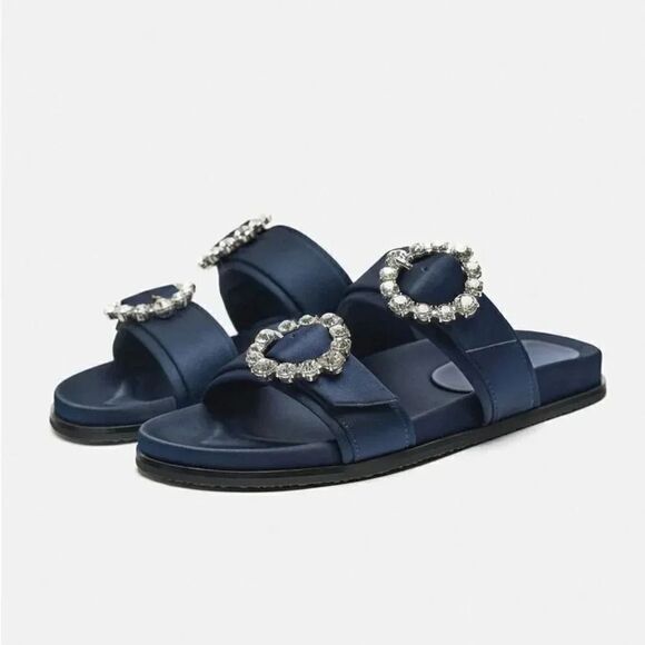 ZARA FLAT SLIDER SANDALS WITH RHINESTONE BUCKLES - Picture 7 of 8